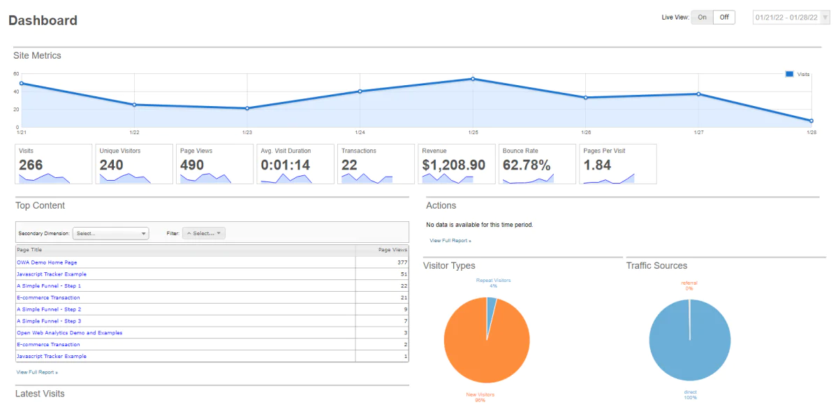 Пример графика посещаемости Open Web Analytics