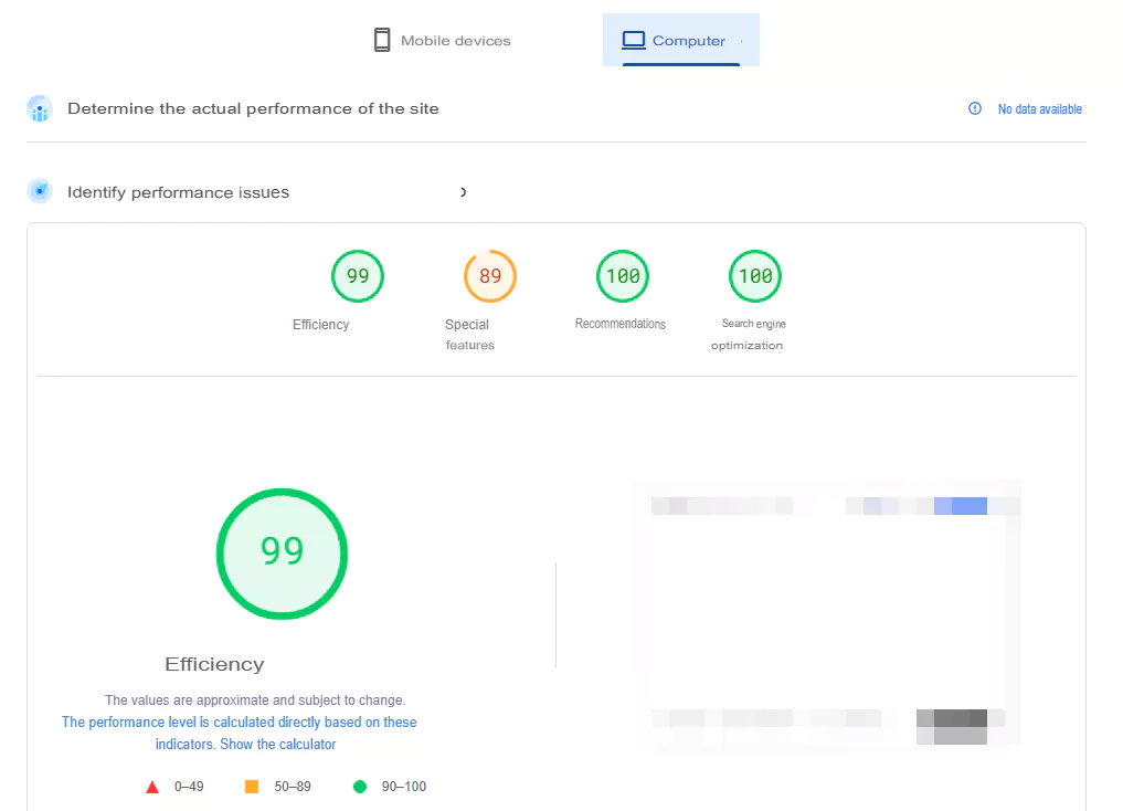 Example of effective speed optimisation metrics for a WordPress website